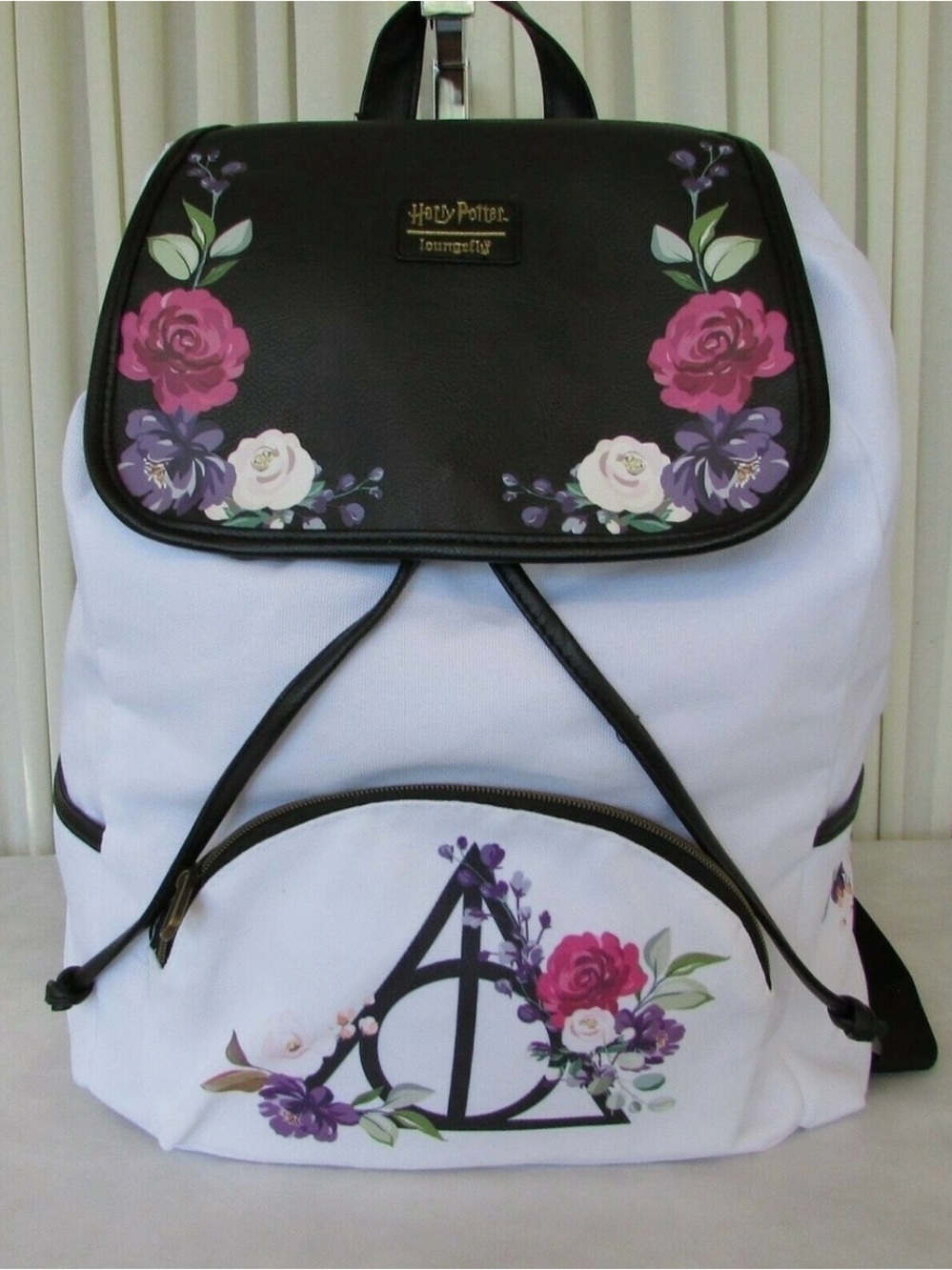 Loungefly White Backpack with Black Trim and Floral Accents